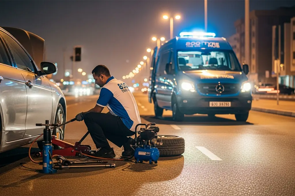 Technician providing 24/7 flat tyre repair service in Dubai