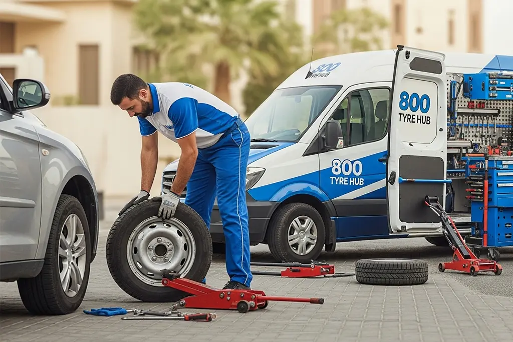 Technician providing 24/7 mobile emergency flat tyre repair at the roadside