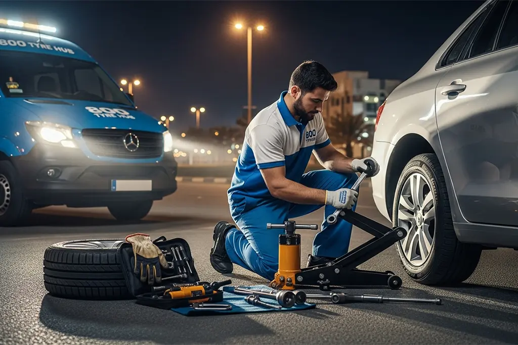 Technician providing 24/7 flat tyre repair service in Ajman