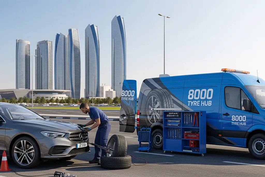 24/7 tyre repair technician providing round-the-clock tyre repair services at a customer’s location in Abu Dhabi