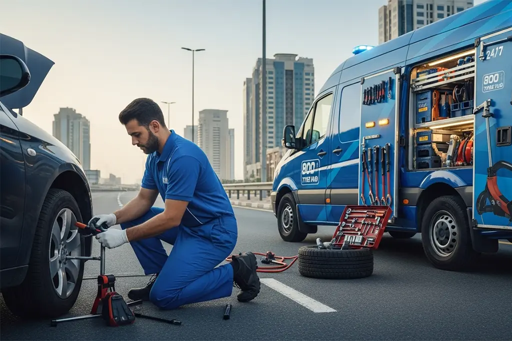 24/7 tyre repair technician providing round-the-clock tyre repair services at a customer’s location in Sharjah