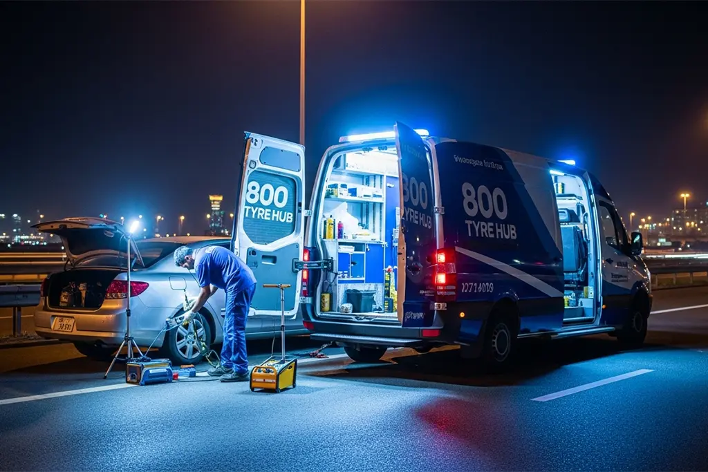 Technician repairing a punctured car tyre on-site during 24/7 mobile tyre puncture repair service
