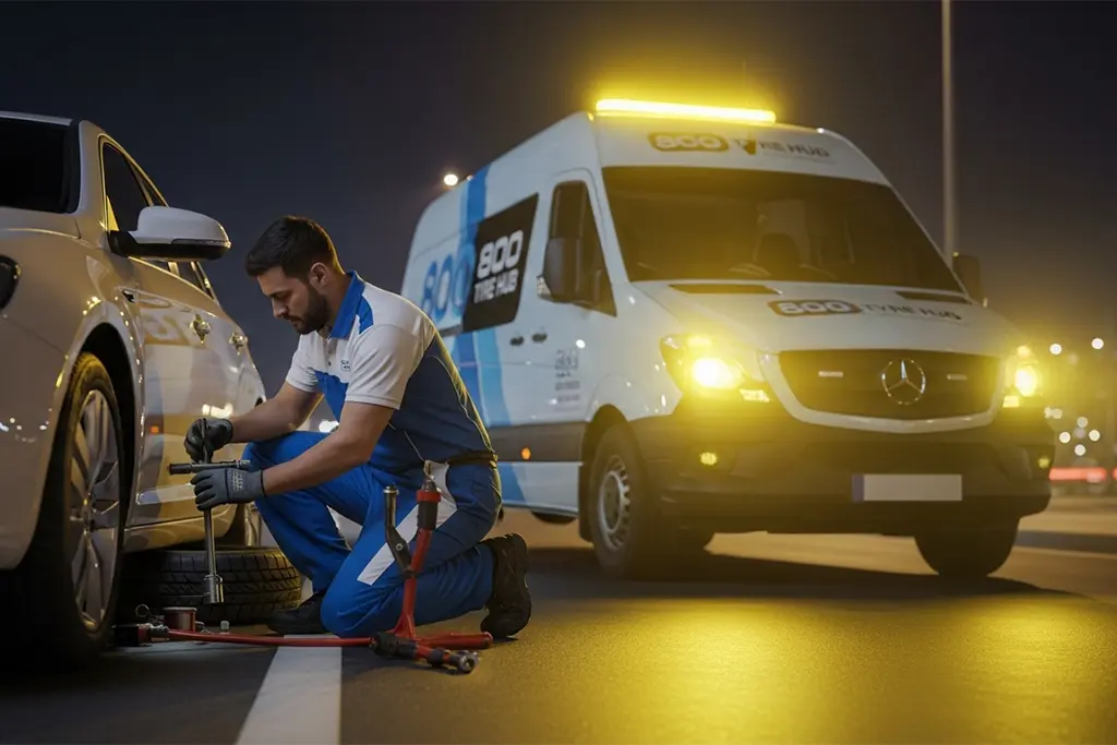 Technician repairing a punctured car tyre at home during 24/7 at-home puncture repair service