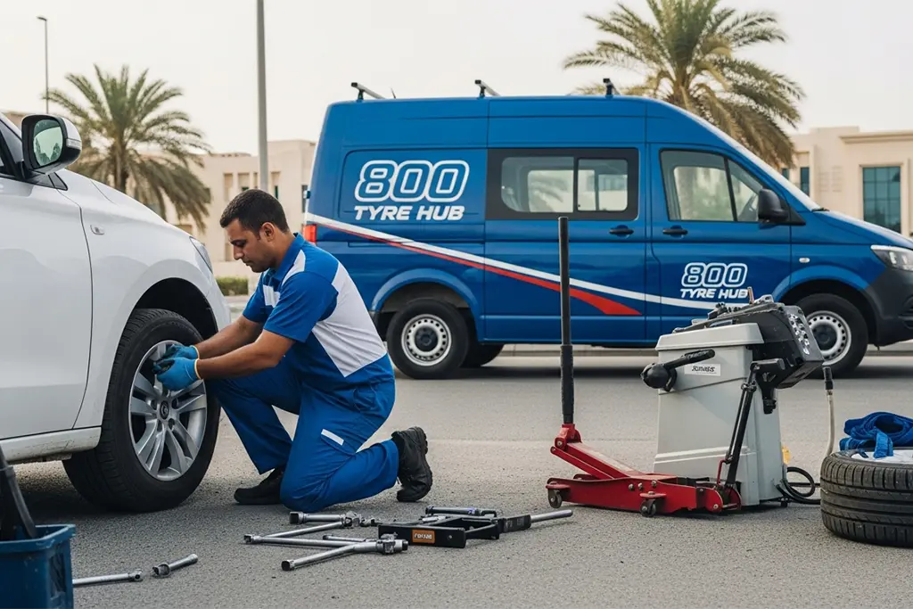 Technician providing 24/7 roadside tyre replacement for a stopped vehicle