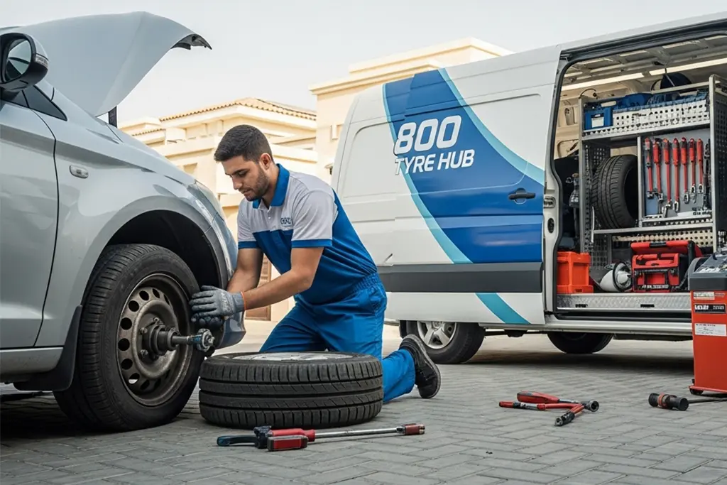 Technician performing at-home flat tyre repair service