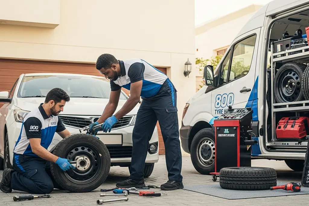 Technician performing flat tyre repair at home using mobile service