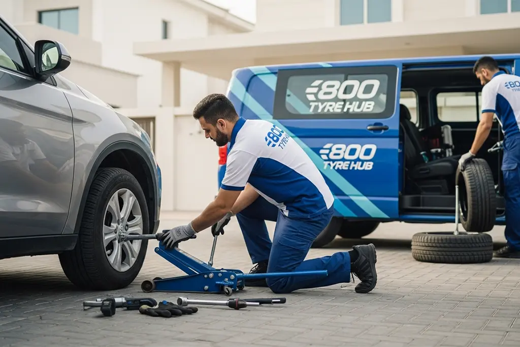 Technician performing 24/7 flat tyre repair at the customer’s home