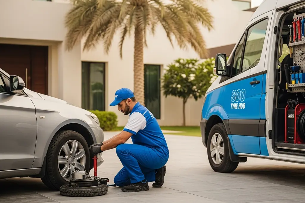 Technician providing emergency flat tyre repair service at the customer’s home