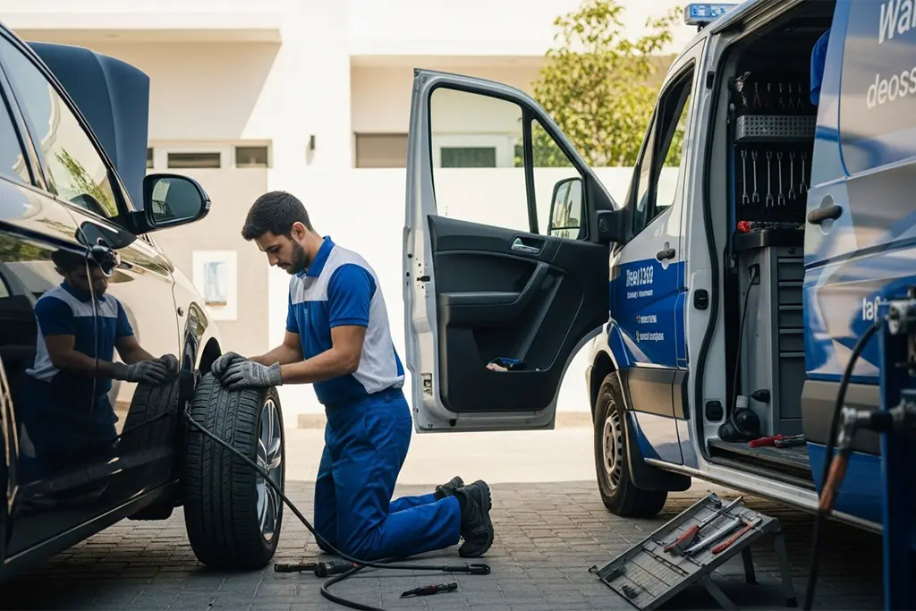 Technician urgently repairing a punctured car tyre at home during emergency tyre puncture repair service