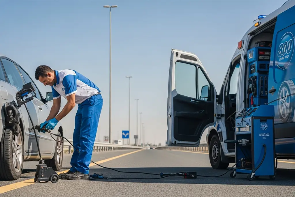 Technician repairing a punctured car tyre at home during emergency tyre puncture repair service