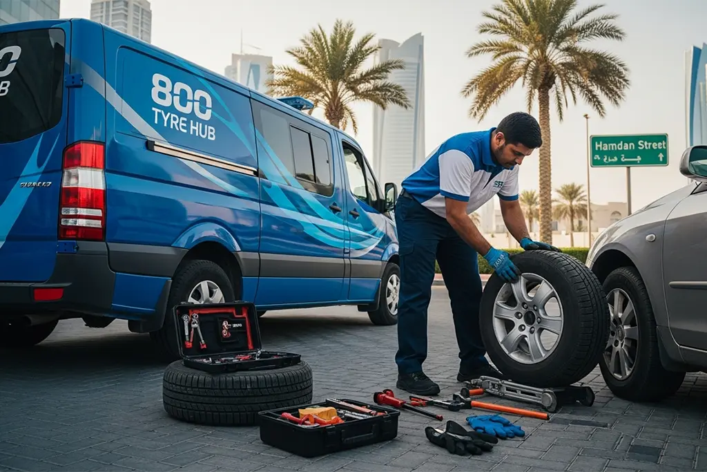 Technician performing mobile flat tyre repair service at the customer’s location in Dubai