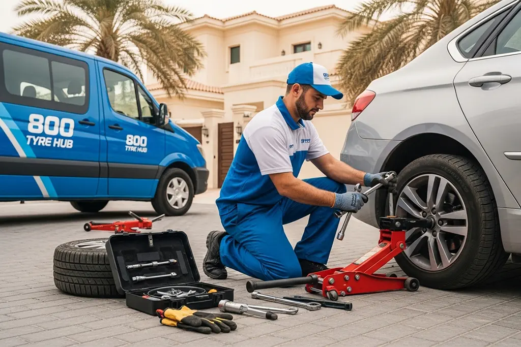 Technician performing at-home flat tyre repair service in Ajman