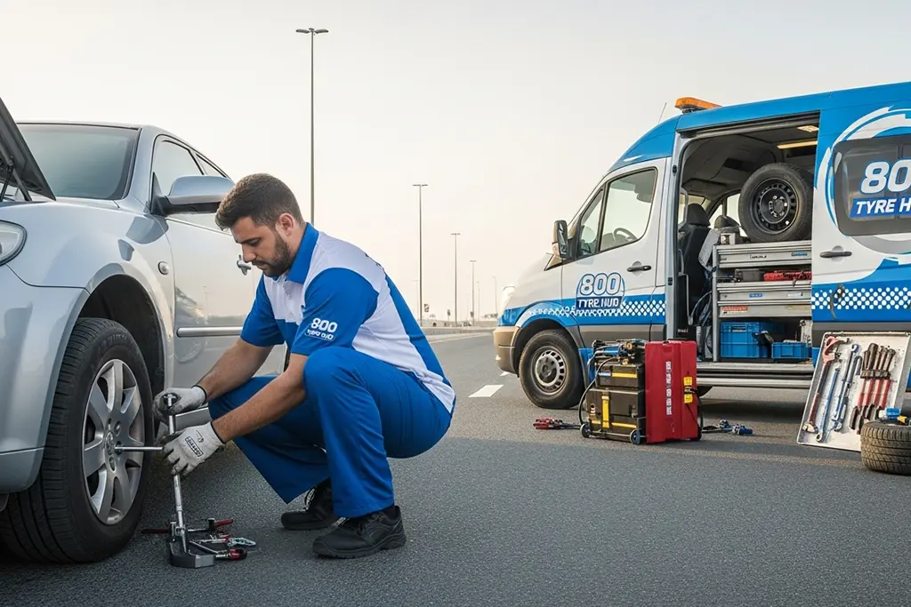Technician performing emergency flat tyre repair at home for an urgent situation