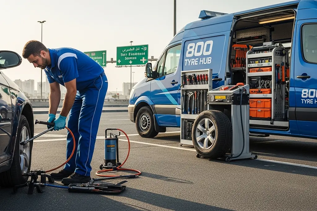 Urgent emergency tyre repair service with technician on-site in Sharjah
