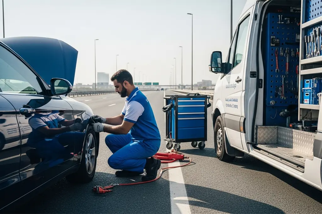 Technician repairing a punctured car tyre on the roadside during emergency tyre puncture repair service