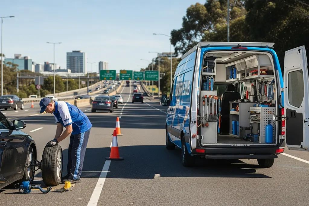 Technician repairing a punctured car tyre on the roadside as part of at-home tyre puncture repair support