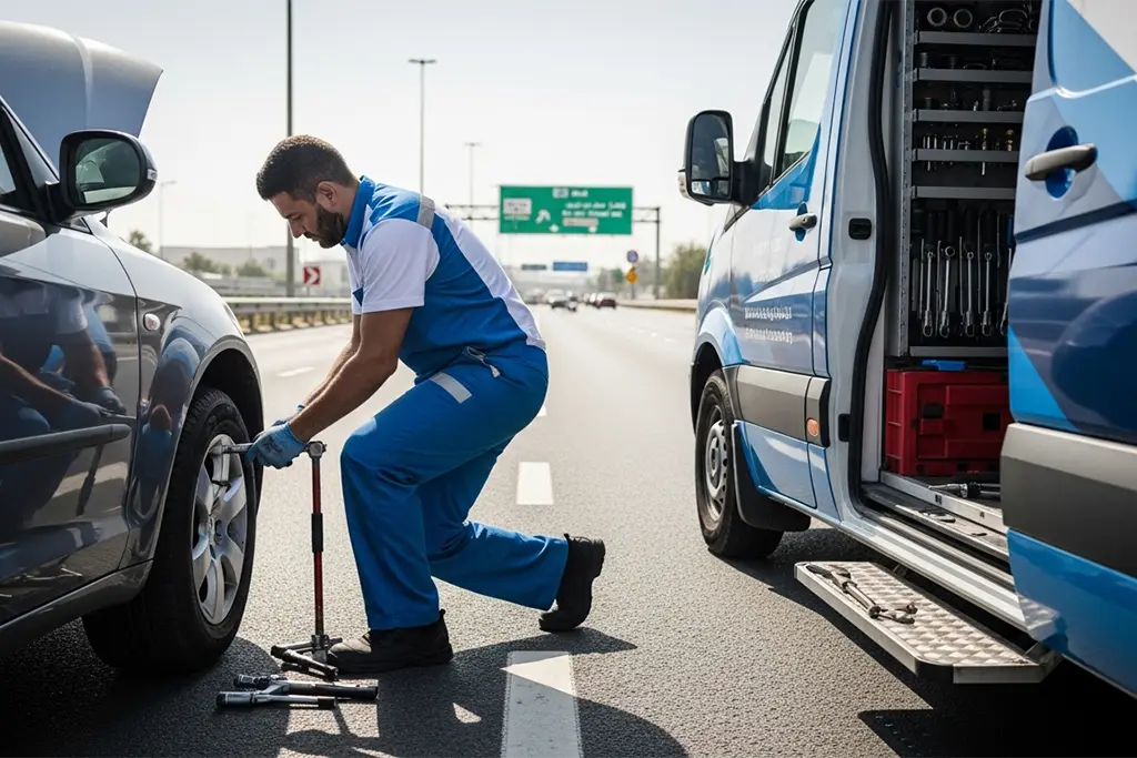 Technician urgently repairing a punctured car tyre on the roadside during emergency tyre puncture repair service
