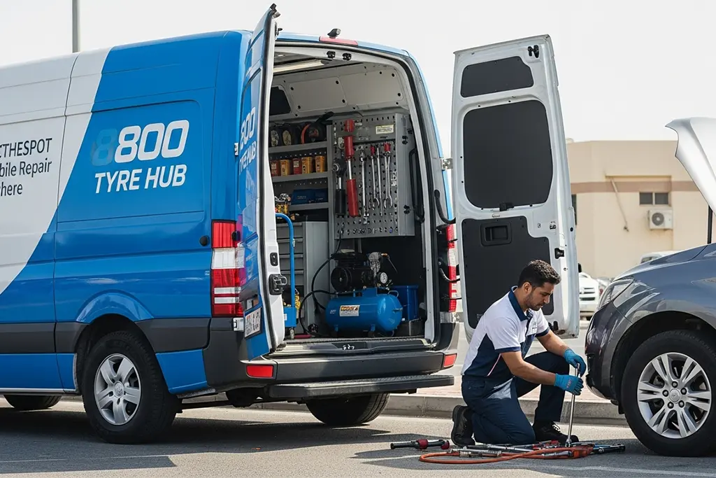 Mobile tyre repair technician providing on-site tyre repair at the customer’s home location