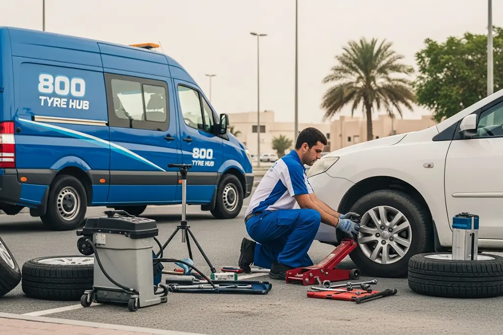 Technician providing mobile roadside tyre replacement at the vehicle location