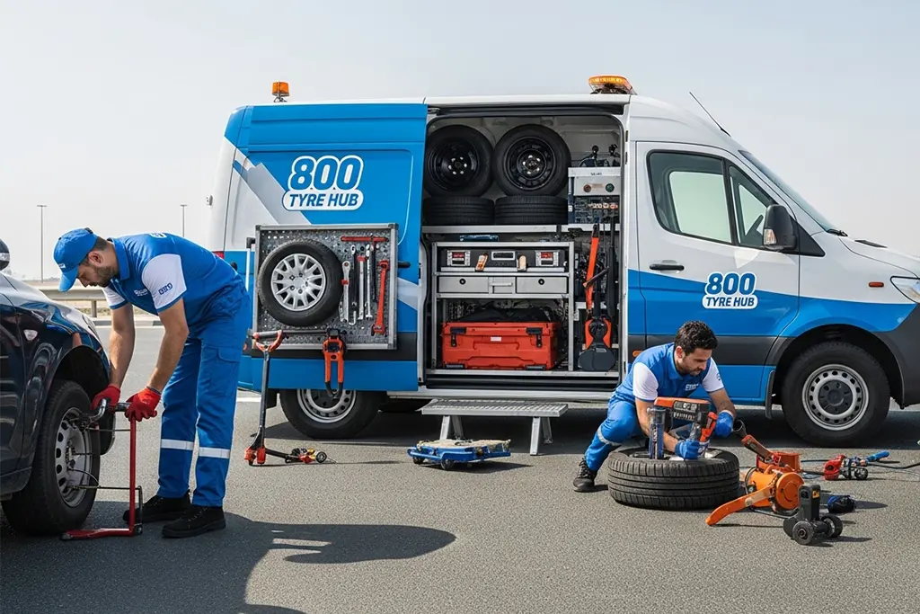 Technician performing roadside flat tyre repair near the customer’s home