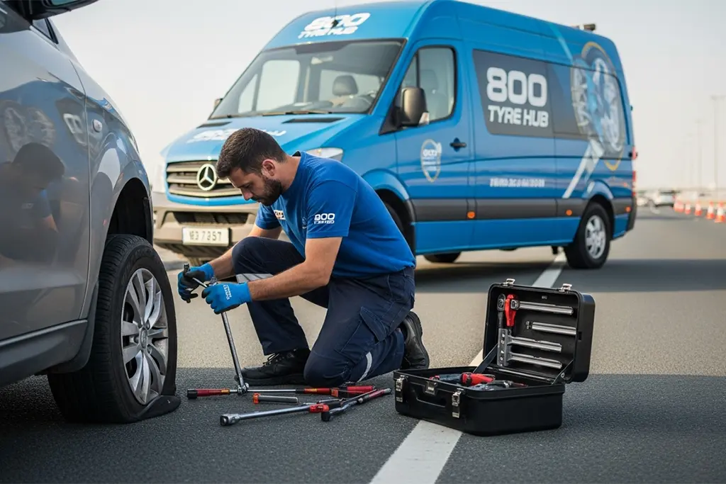 Technician performing roadside flat tyre repair service at the customer’s location