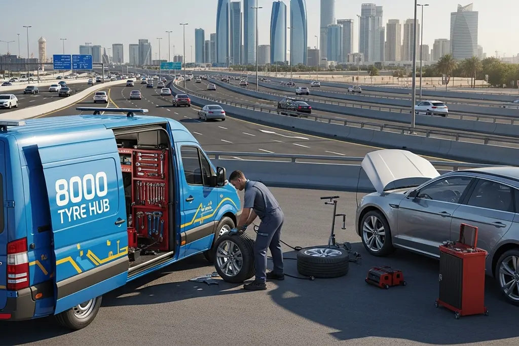 Roadside tyre repair technician fixing a tyre at the breakdown location in Abu Dhabi