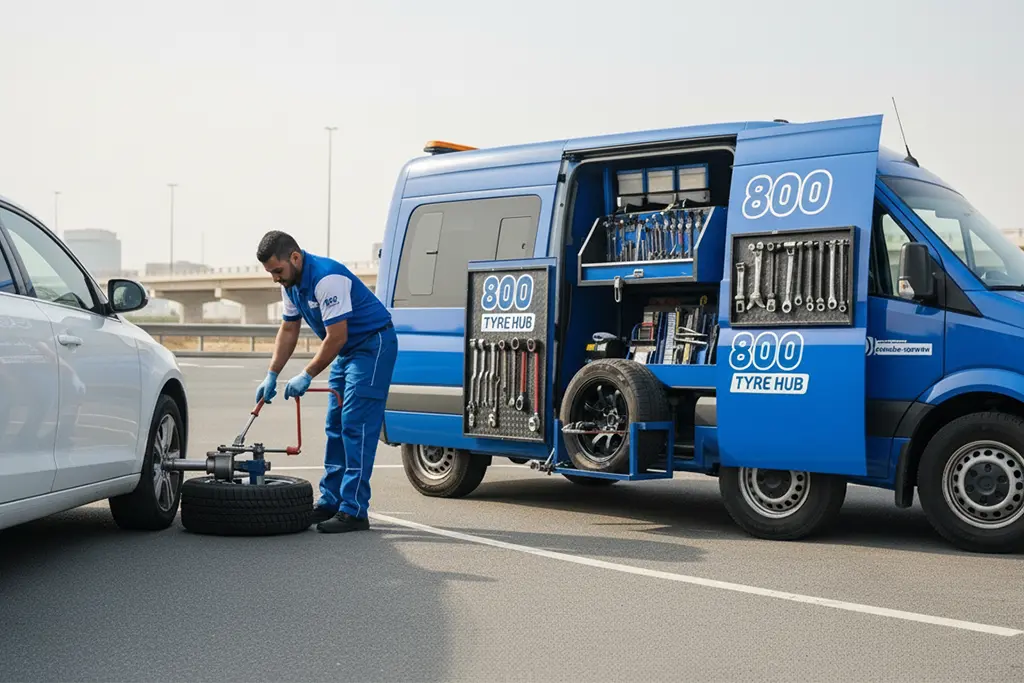 Roadside tyre repair service with technician assisting vehicle in Sharjah