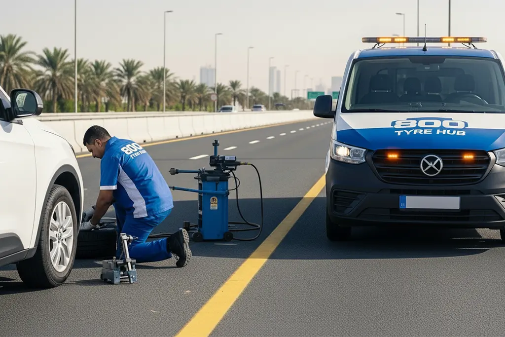 Technician repairing a punctured car tyre on the roadside using mobile puncture repair service