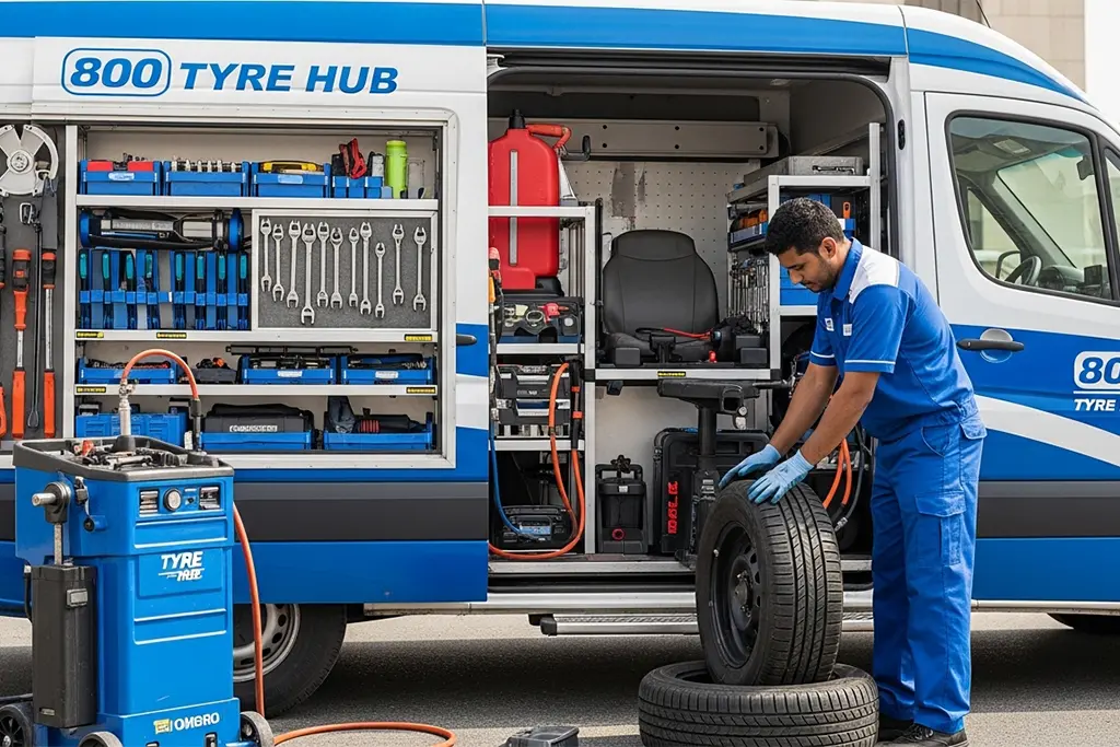 Mobile tyre repair technician providing on-site tyre repair at the customer’s location in Ajman