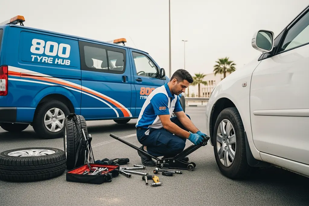 Technician performing roadside flat tyre repair service in Ajman