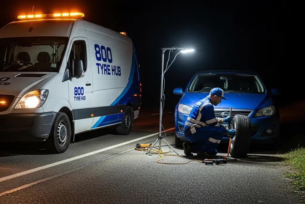 Technician repairing a punctured car tyre in Abu Dhabi during 24/7 tyre puncture repair service