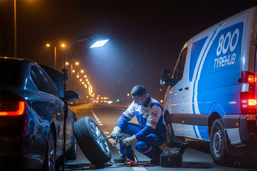 Technician repairing a punctured car tyre at night during 24/7 puncture repair service