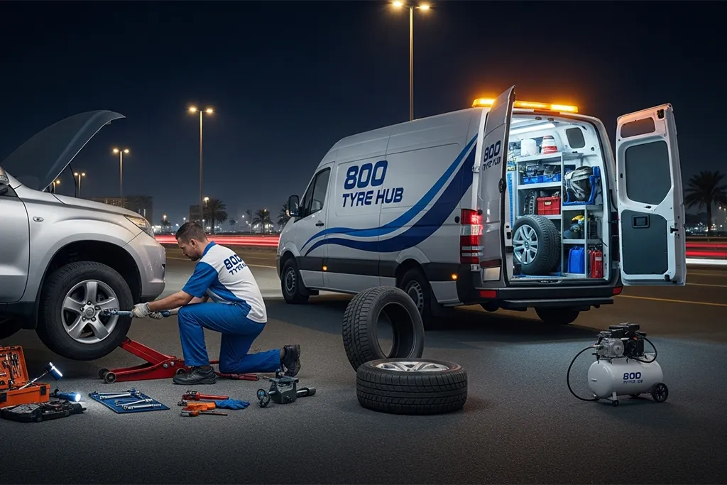 Technician providing 24/7 tyre replacement service in Ras Al Khaimah