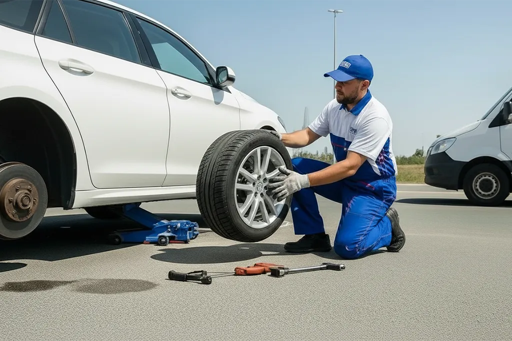 Technician providing emergency tyre replacement service in Sharjah for a stranded vehicle