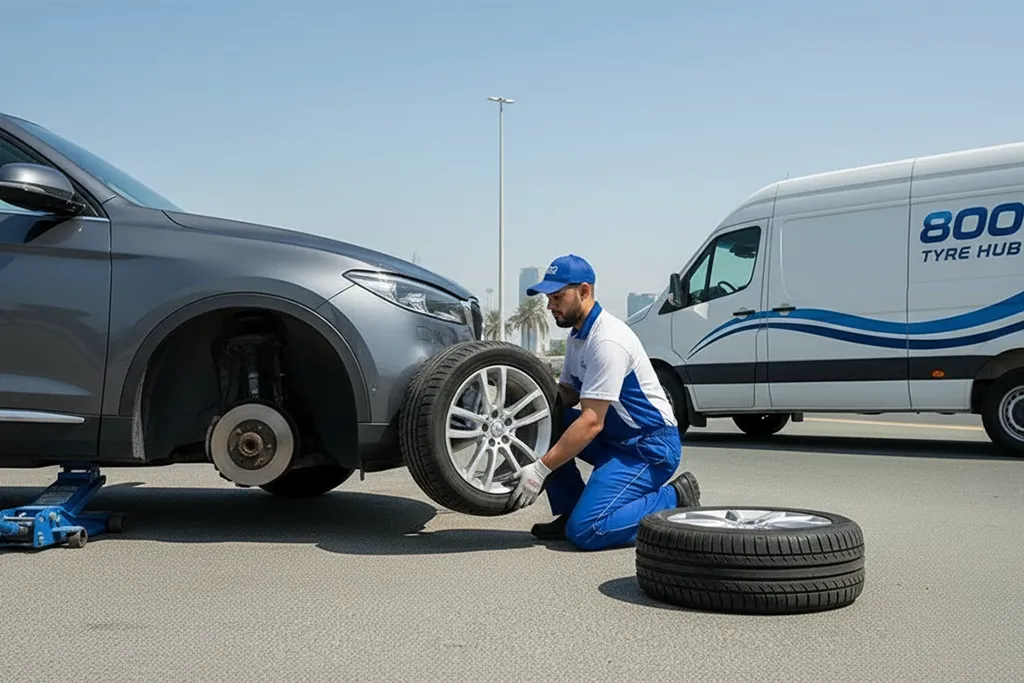 Technician providing 24/7 tyre replacement service in Abu Dhabi