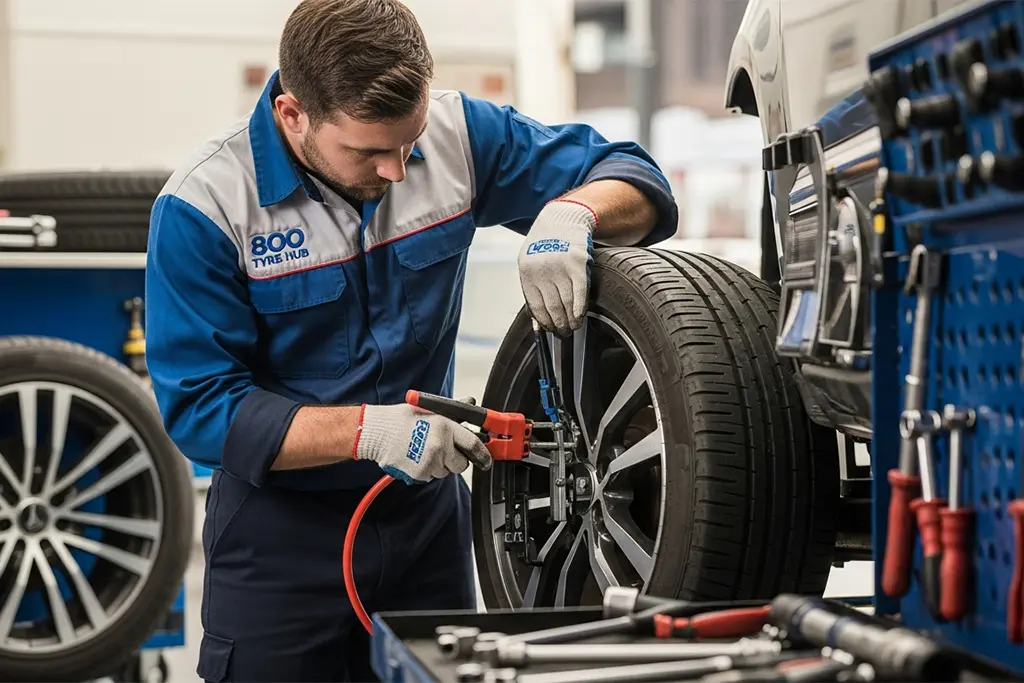 Technician repairing the bead area of a tyre in Sharjah