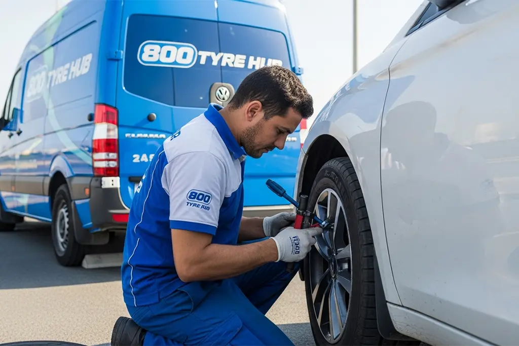 Technician repairing a tyre puncture in the bead area during mobile tyre puncture repair service