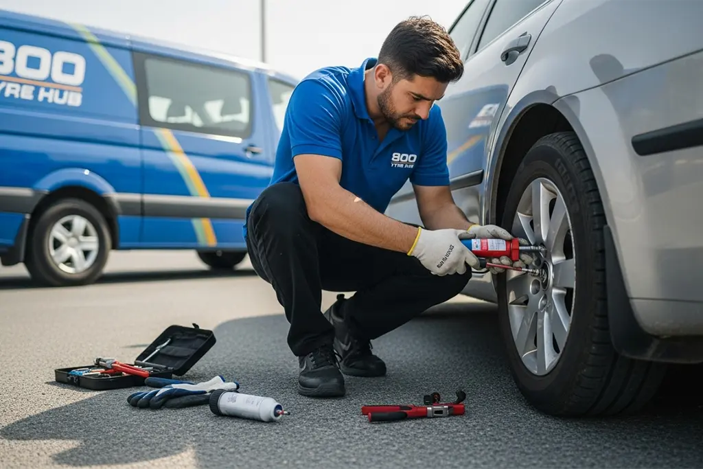 Technician repairing a flat tyre caused by a bead area air leak in Ras Al Khaimah