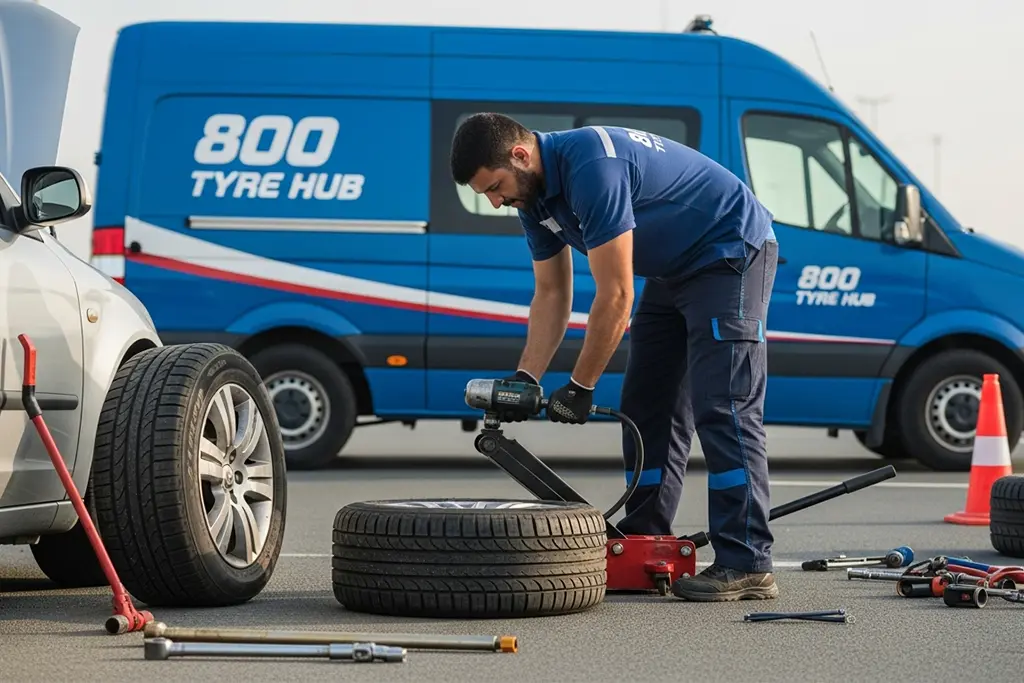 Technician responding to a tyre blowout during roadside flat tyre repair