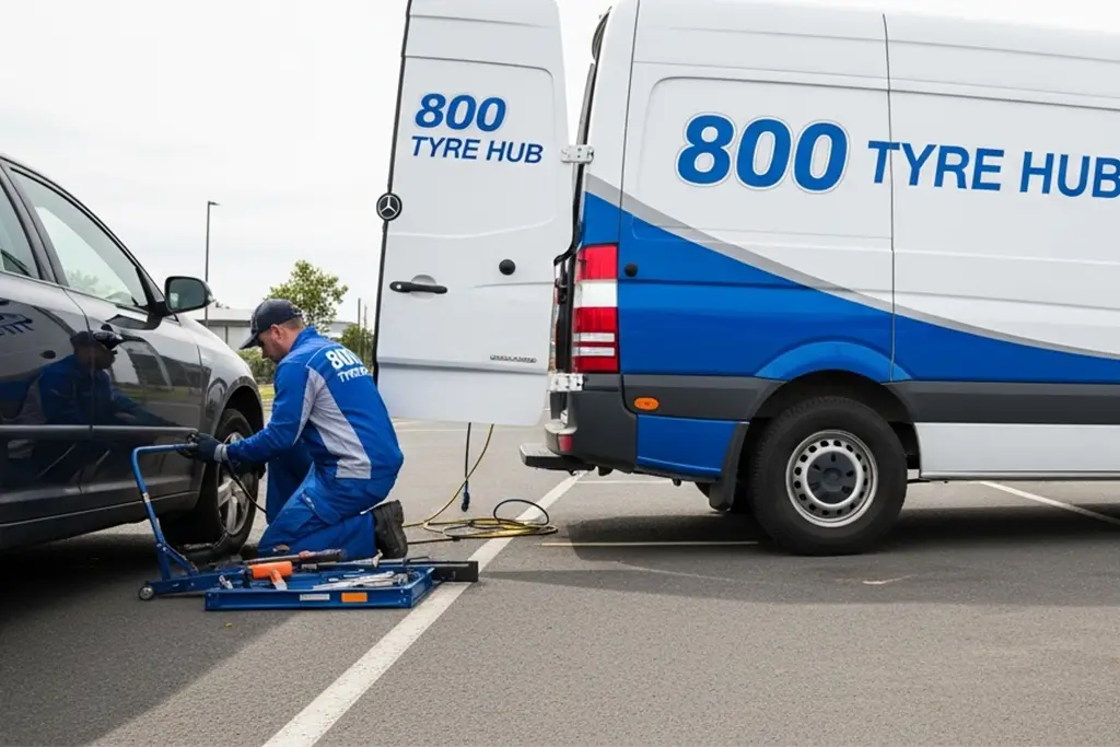 Technician repairing a punctured car tyre on-site in Abu Dhabi using mobile puncture repair service