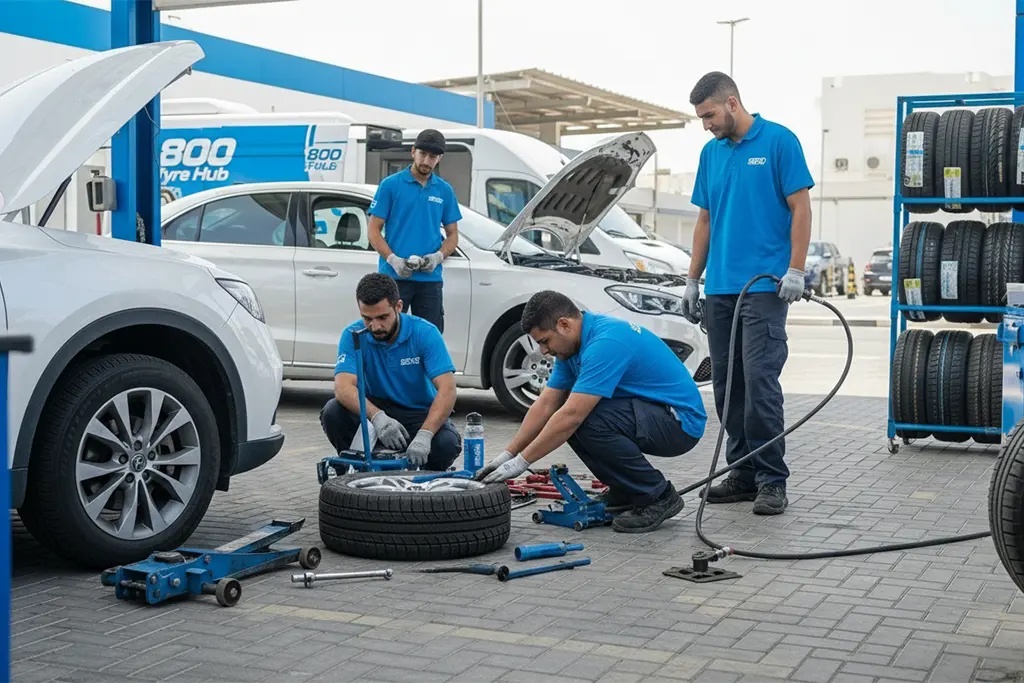 Technician providing additional mobile tyre and roadside services alongside mobile puncture repair