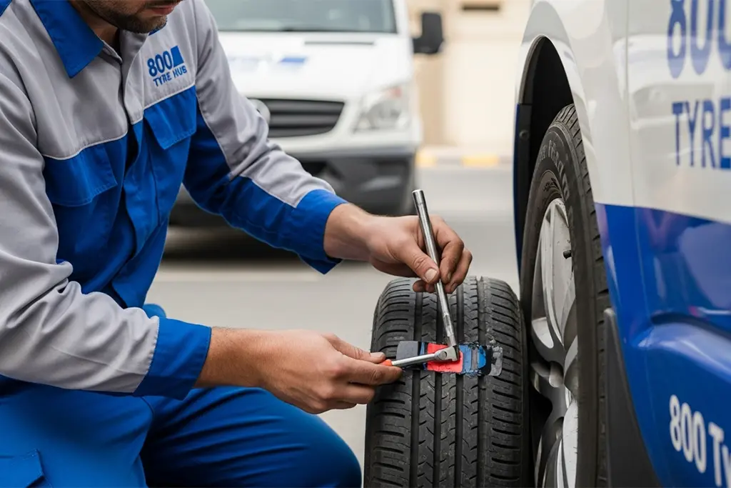 Tyre repair technician performing a patch repair on a tyre at the customer’s location in Ras Al Khaimah