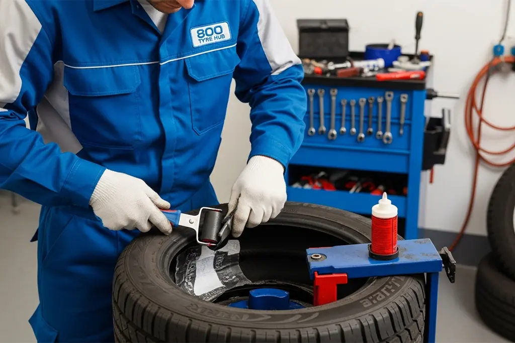 Tyre repair technician performing a patch repair on a tyre at the customer’s location in Ajman