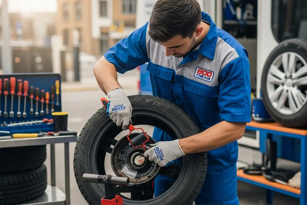 Technician performing tyre patch repair in Sharjah