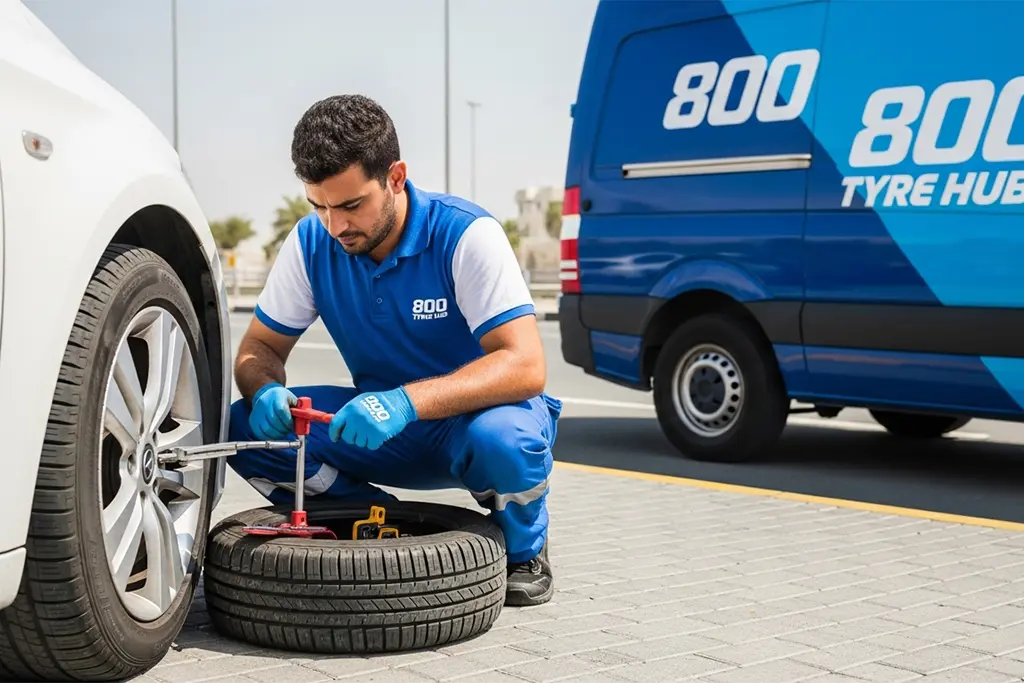 Technician repairing a tyre puncture using an internal patch repair during mobile tyre puncture service