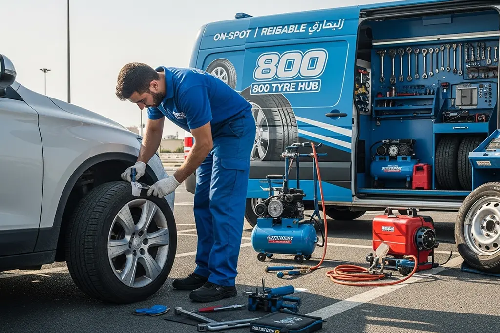 Technician repairing a tyre puncture using an internal patch method during 24-hour tyre puncture repair service