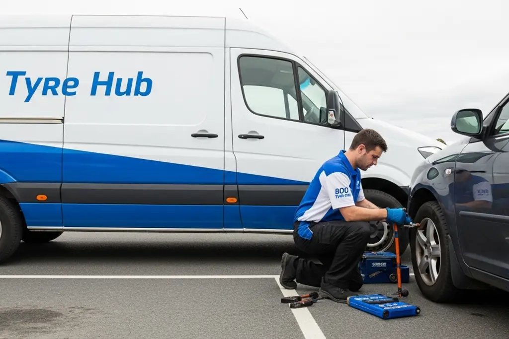 Technician performing patch repair on a flat tyre at the roadside