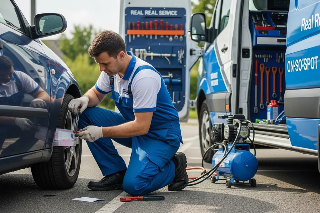 Technician repairing a tyre puncture using an internal patch repair on the roadside