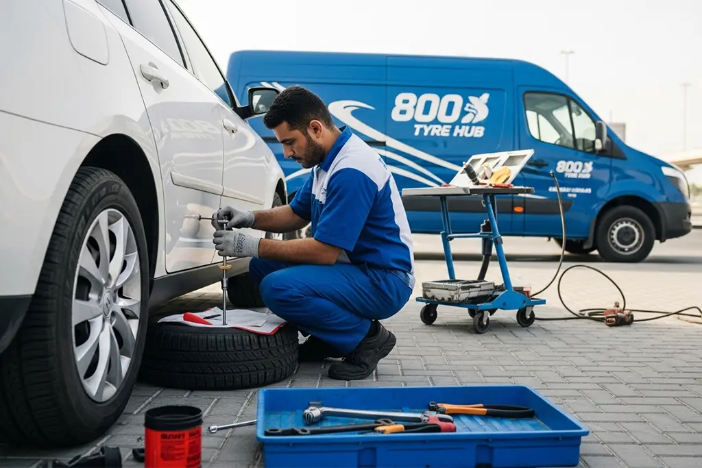 Technician repairing a tyre puncture using a combined plug and patch method during mobile tyre puncture service