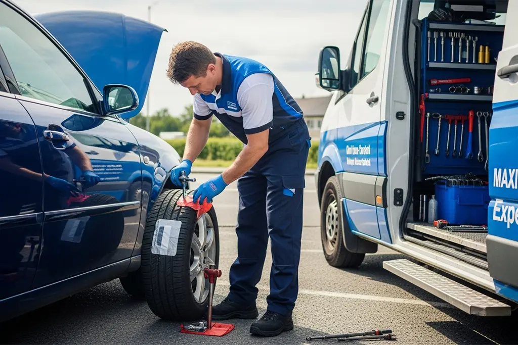 Technician repairing a tyre puncture using a combined plug and patch method at the customer’s home